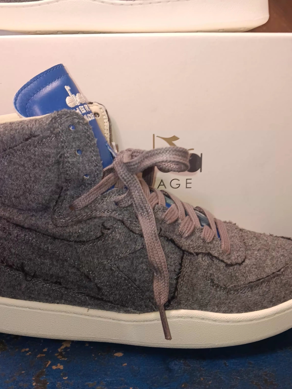 Diadora High-Top Wool Sneakers in Heather Gray with Blue Tongue - Picture 2 of 7